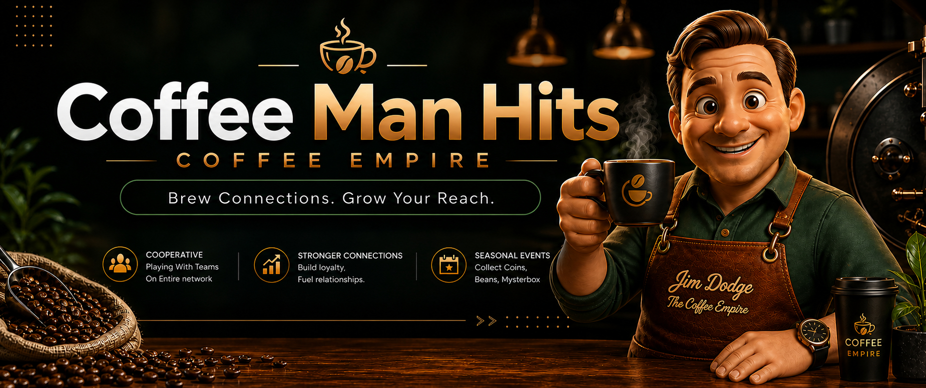 Coffee Man Hits. Coffee Empire. Brew connections. Grow your reach. Jim Dodge, The Coffee Empire.